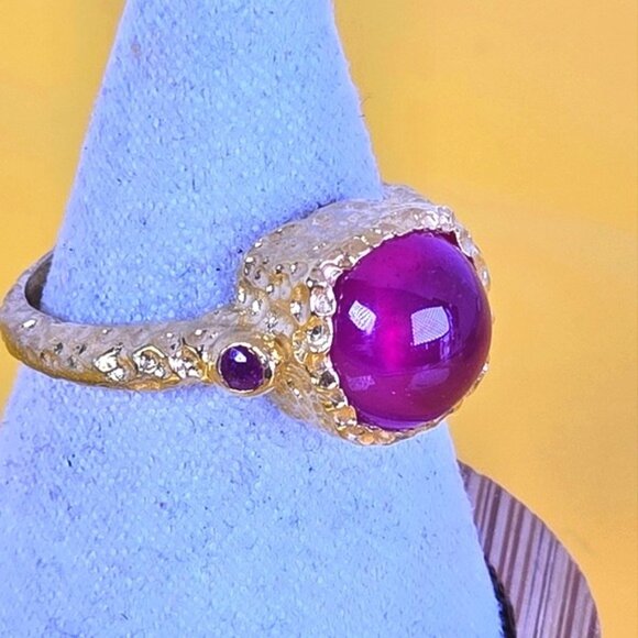 925 Sterling Silver 14K Gold Plated Avant-Garde Ring with Natural Ruby Gemstone - Picture 12 of 14